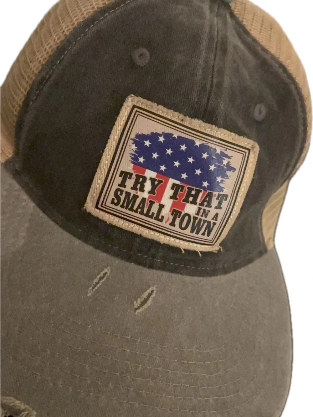 Try That Small Town Distressed Trucker Cap - Denim / Beige Mesh